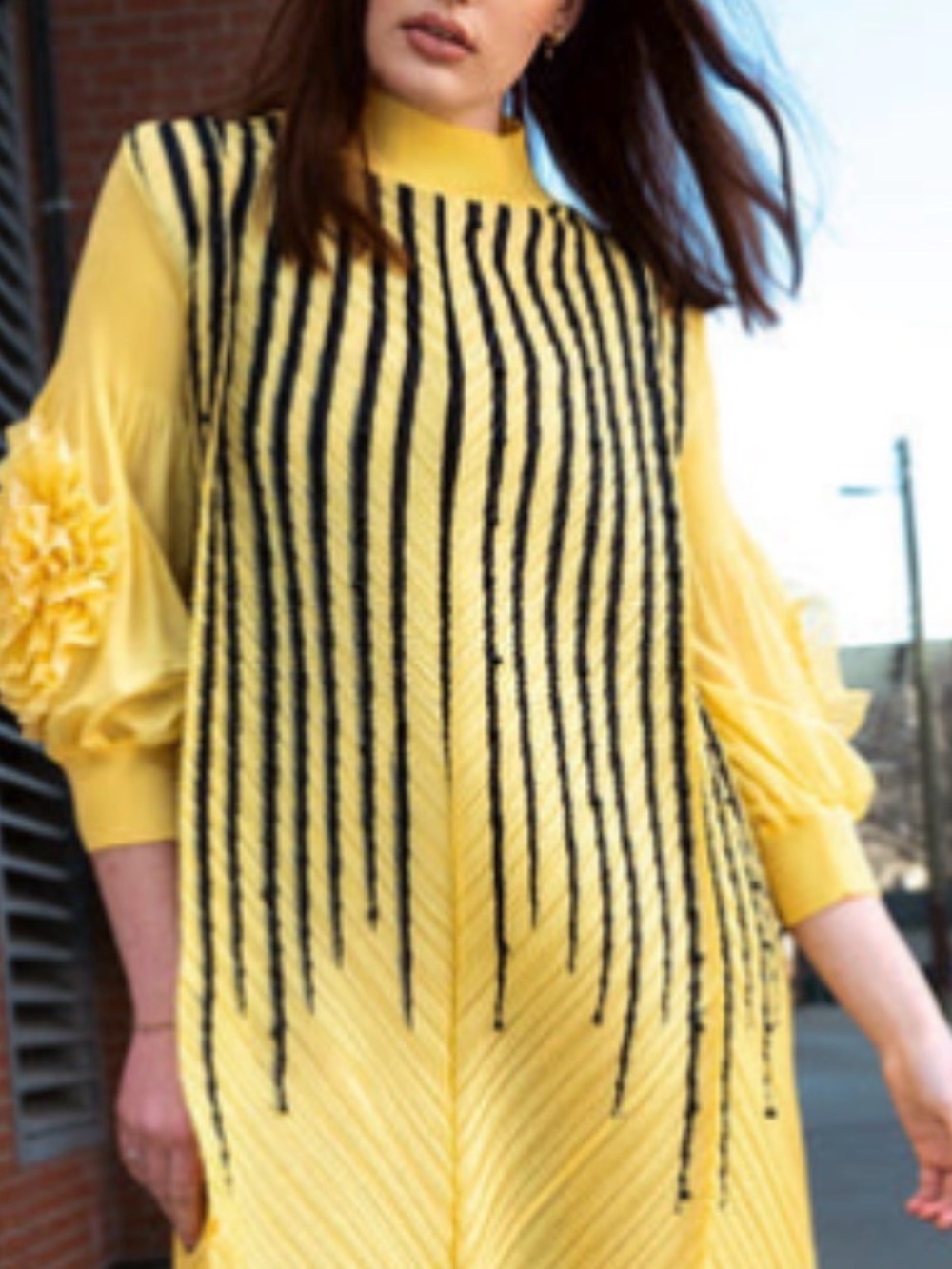 Kate Hewko Yellow Pearl Striped Petal Sleeve Mock Neck Dress